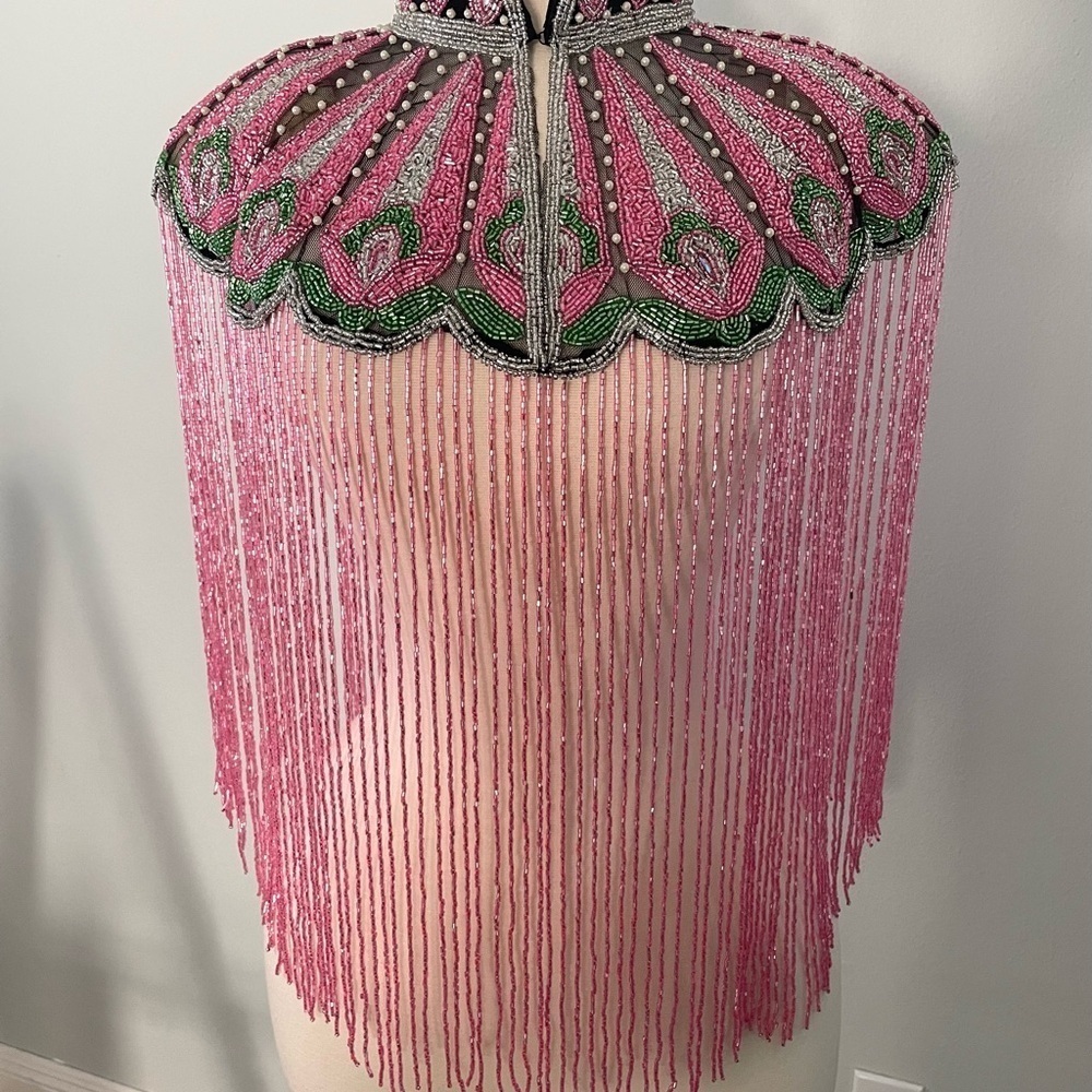 Pink Green and Pearls Hand beaded fringe Cape - Picture 6 of 7